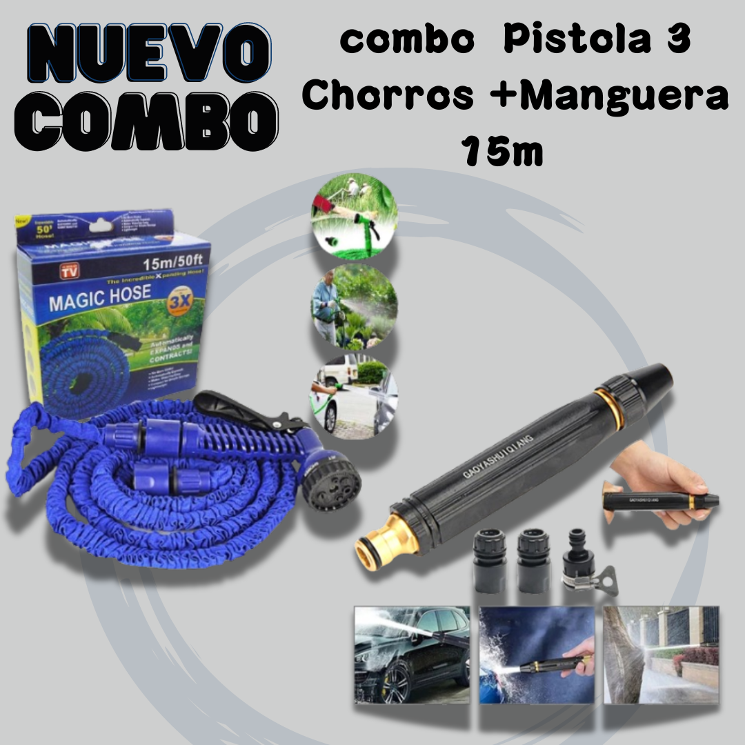combo Pistola 3 Chorros +Manguera 15m